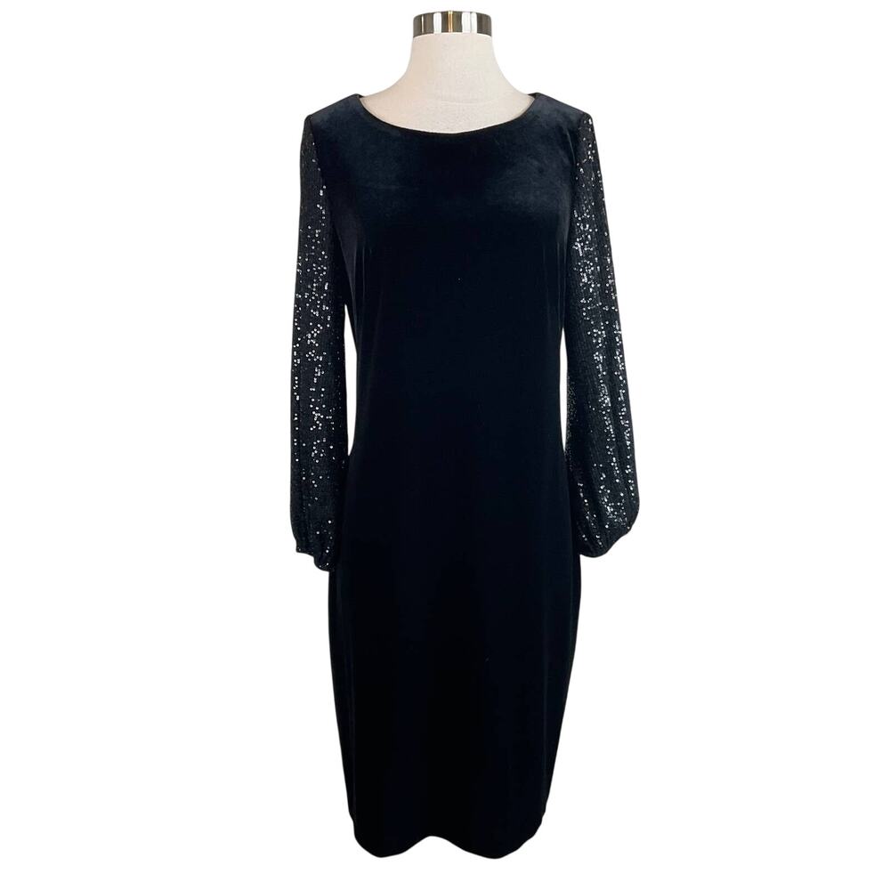 Alex Evenings Velvet Sequined Long Sleeve Sheath Cocktail Dress Black Size 8 - Picture 2 of 10